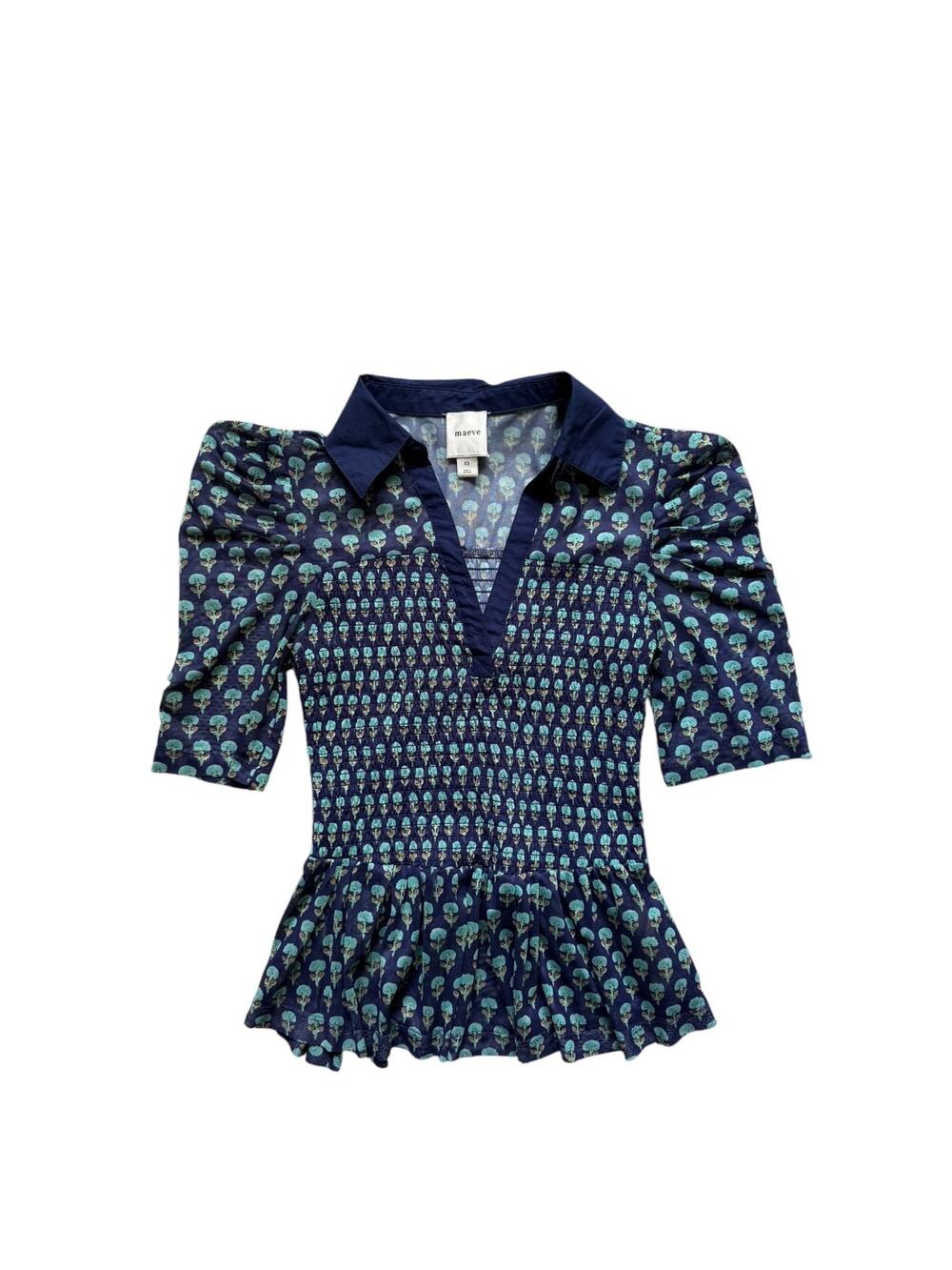Maeve Short-Sleeve Smocked Polo Top in Blue and Green- Size XS